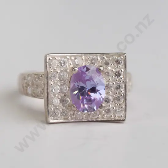 cz and purple stone sterling silver ring - size O.5
