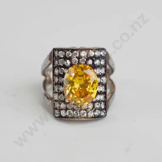 yellow topaz and cz sterling silver ring - size P.5