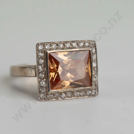 brown topaz and cz sterling silver ring - size O.5