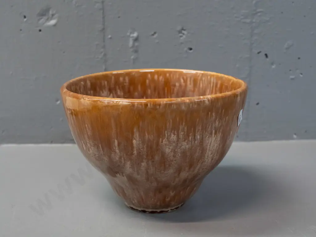 vintage (Crown Lynn?) trickle glaze bowl with unusual flared shape and "58." mark on base. H-125 D-170 Image 1++
