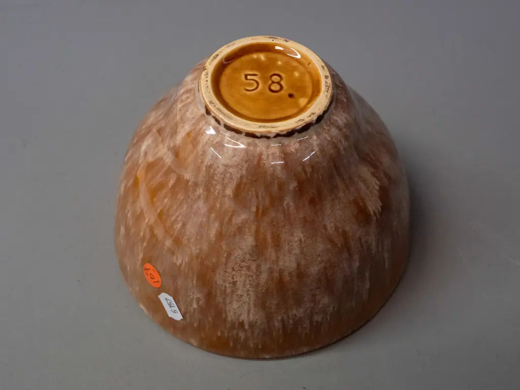 vintage (Crown Lynn?) trickle glaze bowl with unusual flared shape and "58." mark on base. H-125 D-170 Image 1++