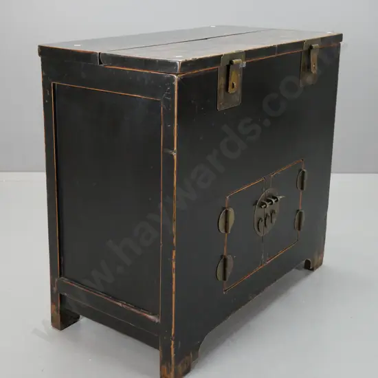 Chinese black lacquered money chest or storage cabinet: 2 top compartments with lift-out lids and inner trays, 2