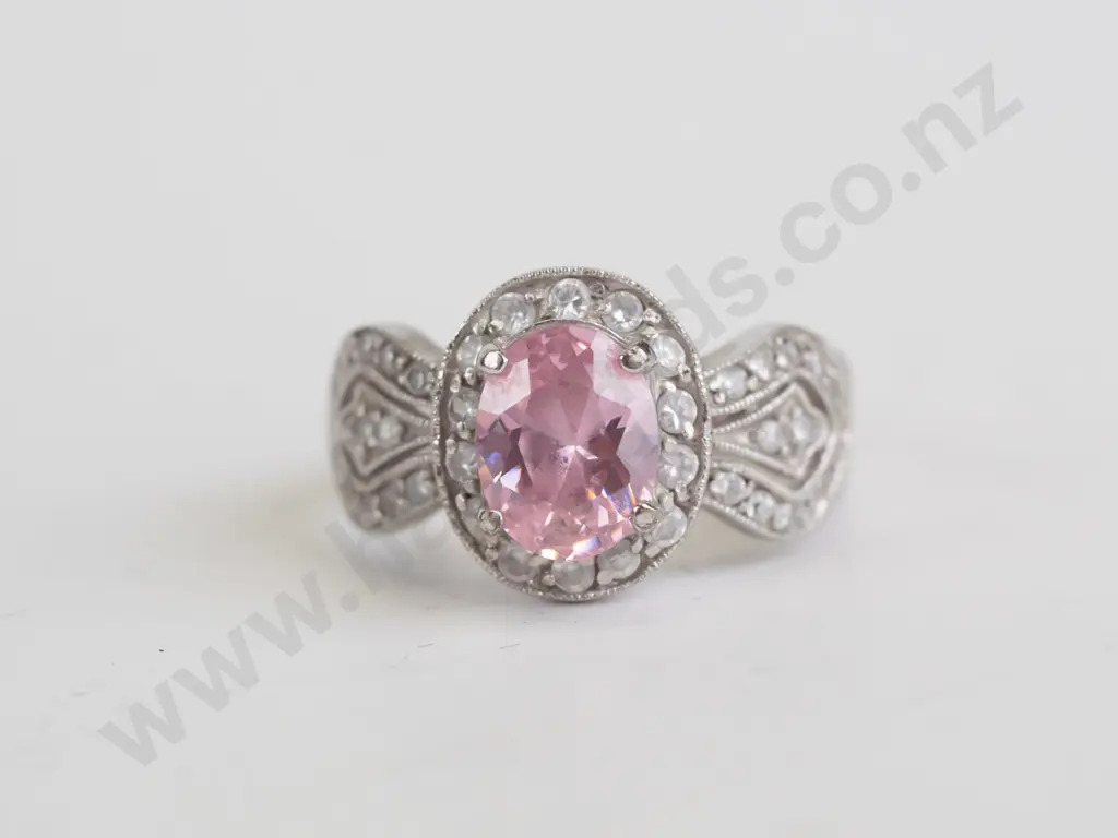 cz and pink stone sterling silver ring - size O Image 1++