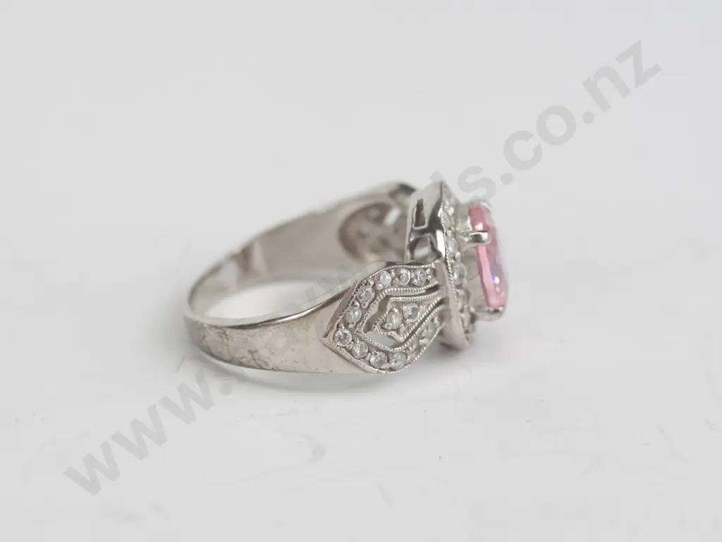 cz and pink stone sterling silver ring - size O Image 1++
