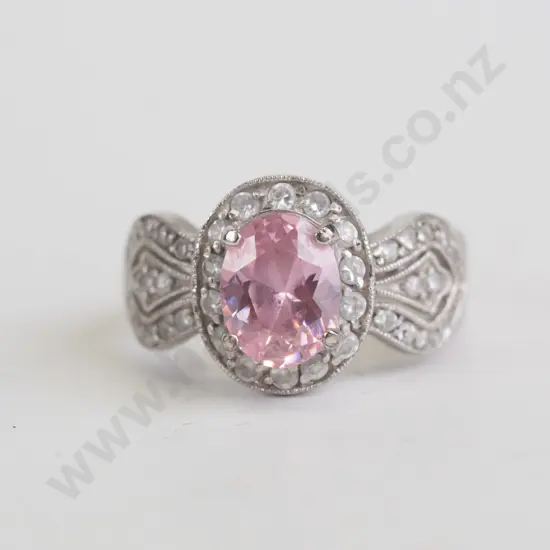cz and pink stone sterling silver ring - size O
