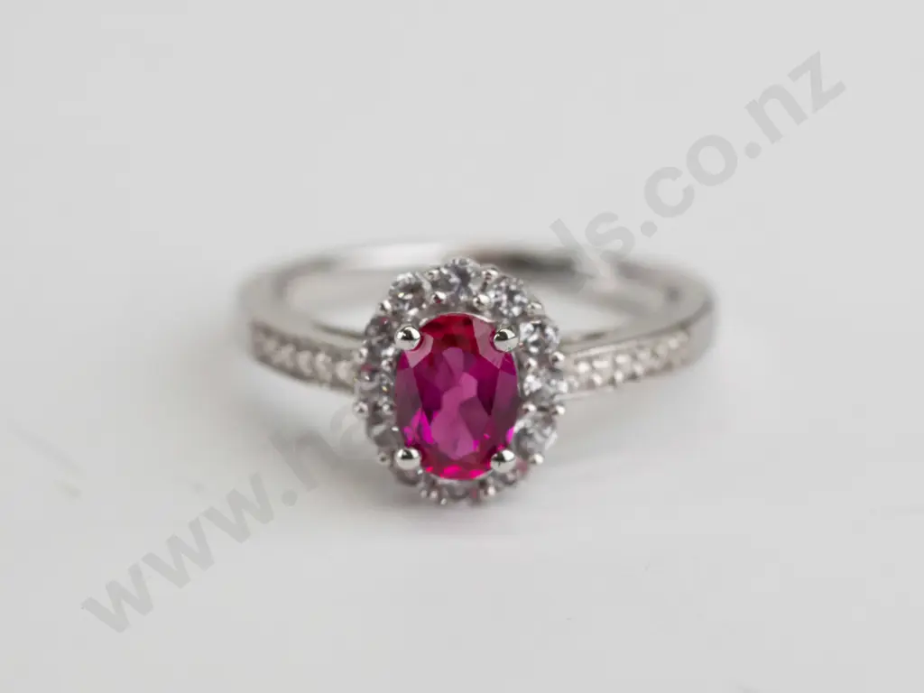 cz and dark pink stone sterling silver ring - size O.5 Image 1++