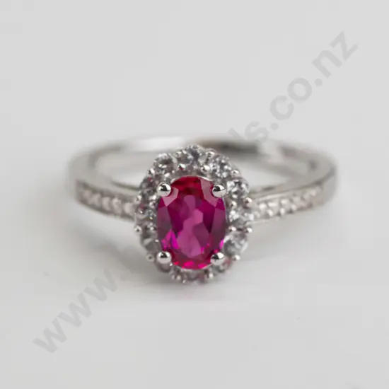 cz and dark pink stone sterling silver ring - size O.5