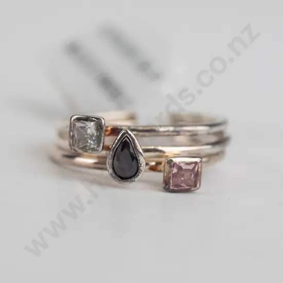 3x sterling silver rings - pink, cz and blue stones - size O