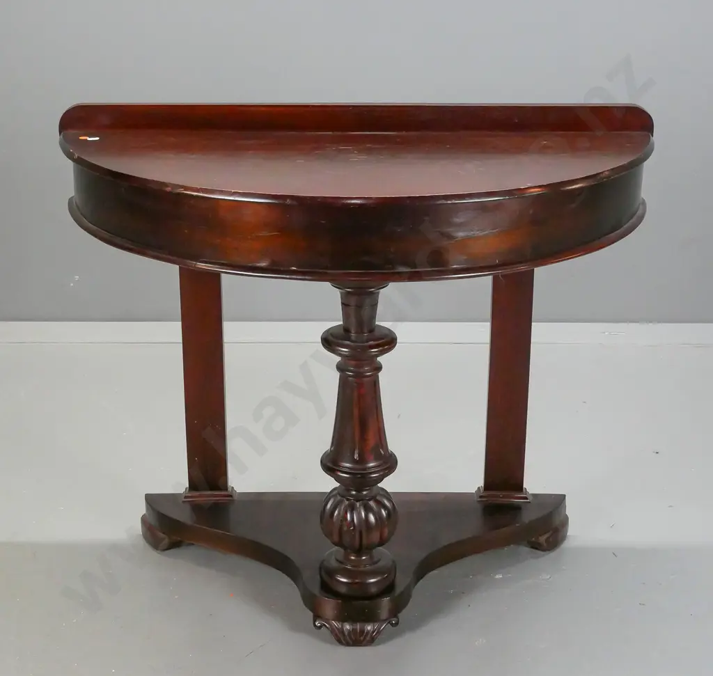 restored vintage mahogany veneer and mixed timber half round hall table with fluted turned central support on platform Image 1++