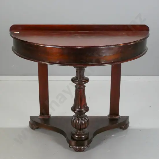restored vintage mahogany veneer and mixed timber half round hall table with fluted turned central support on platform