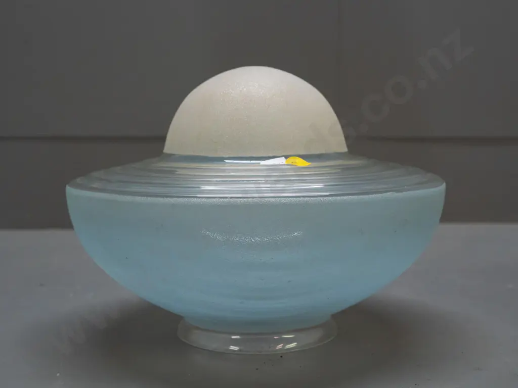 vintage UFO shape ceiling light shade with textured blue and white over ribbed clear glass - some paint splatters, minor Image 1++