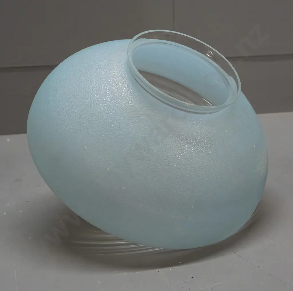 vintage UFO shape ceiling light shade with textured blue and white over ribbed clear glass - some paint splatters, minor Image 1++