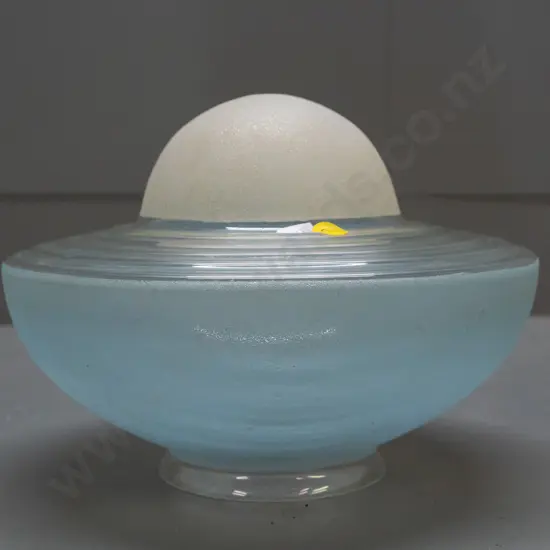 vintage UFO shape ceiling light shade with textured blue and white over ribbed clear glass - some paint splatters, minor