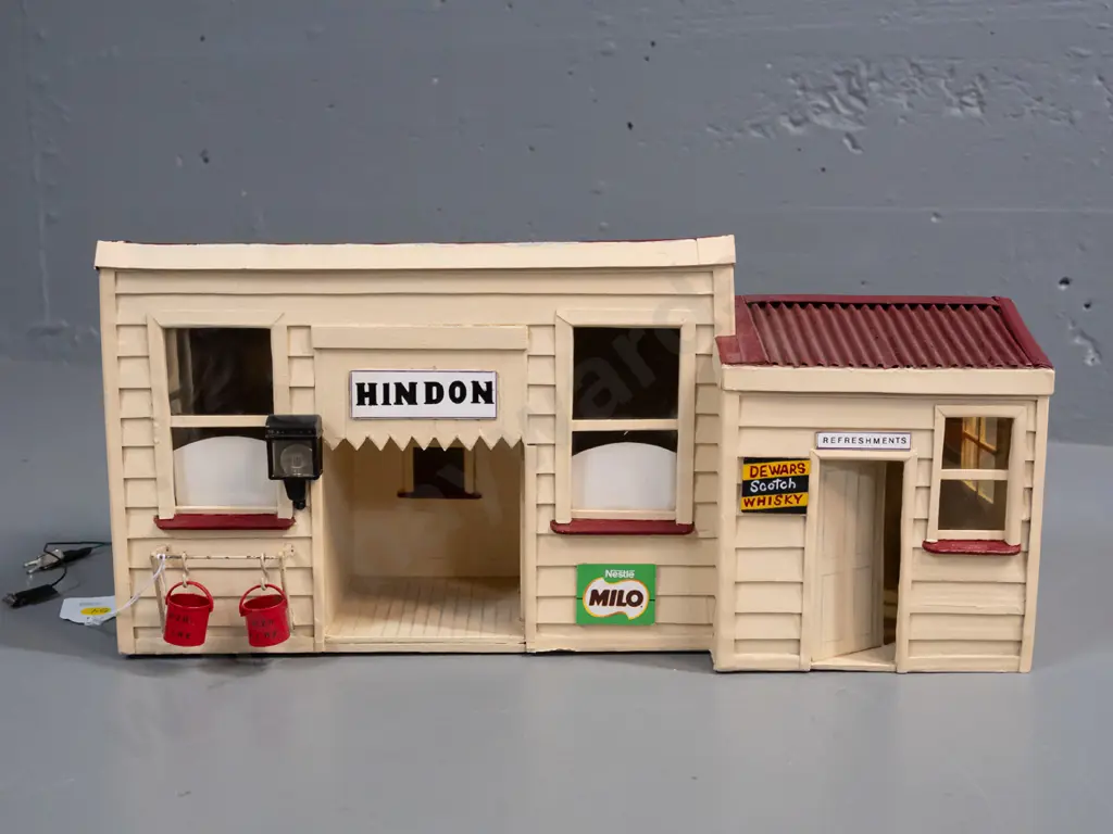 Wood & cardboard model of Hindon Railway Station, w/ lighting, buckets, signage etc. H-190 W-400 D-190 Image 1++