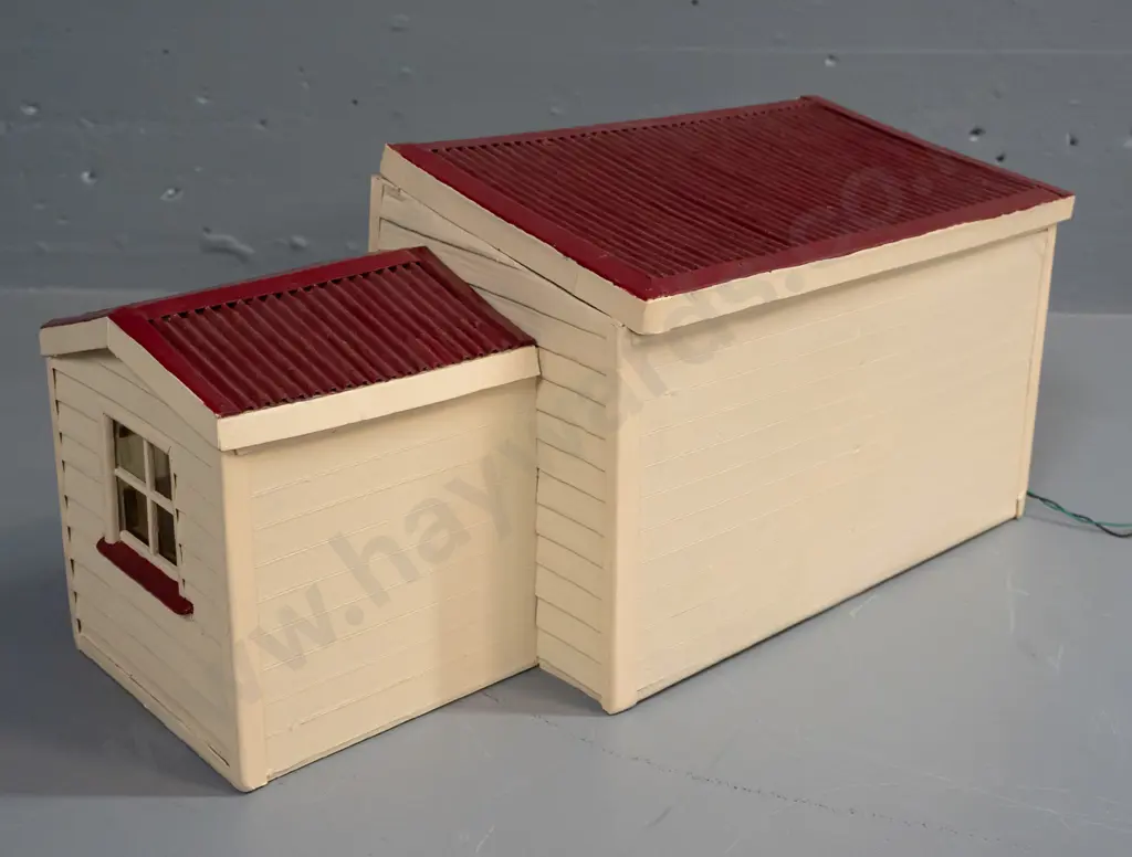 Wood & cardboard model of Hindon Railway Station, w/ lighting, buckets, signage etc. H-190 W-400 D-190 Image 1++