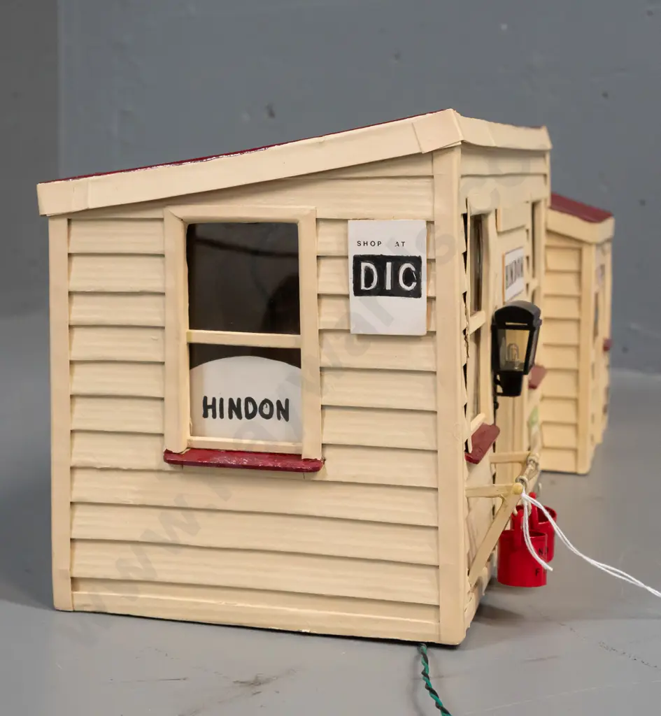 Wood & cardboard model of Hindon Railway Station, w/ lighting, buckets, signage etc. H-190 W-400 D-190 Image 1++
