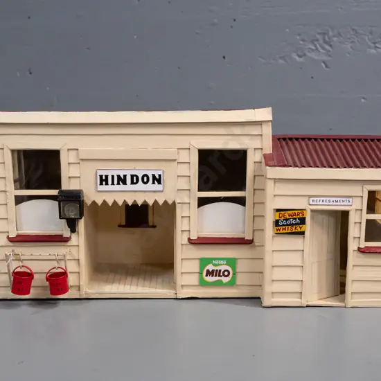 Wood & cardboard model of Hindon Railway Station, w/ lighting, buckets, signage etc. H-190 W-400 D-190