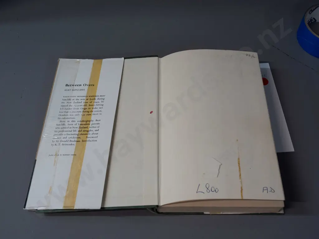 autographed hard cover book - Between Overs, signed by Bert Sutcliffe - see photo for details - some damage & Image 1++