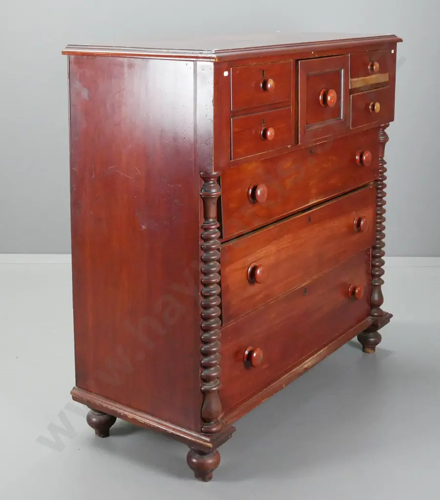 colonial kauri 7-drawer break front chest with half turned pilasters, wooden knobs, brass locks & escutcheons, on turned Image 1++