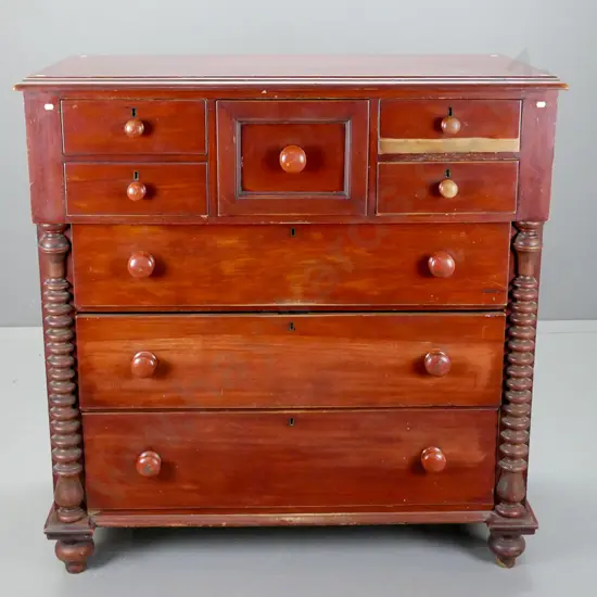 colonial kauri 7-drawer break front chest with half turned pilasters, wooden knobs, brass locks & escutcheons, on turned