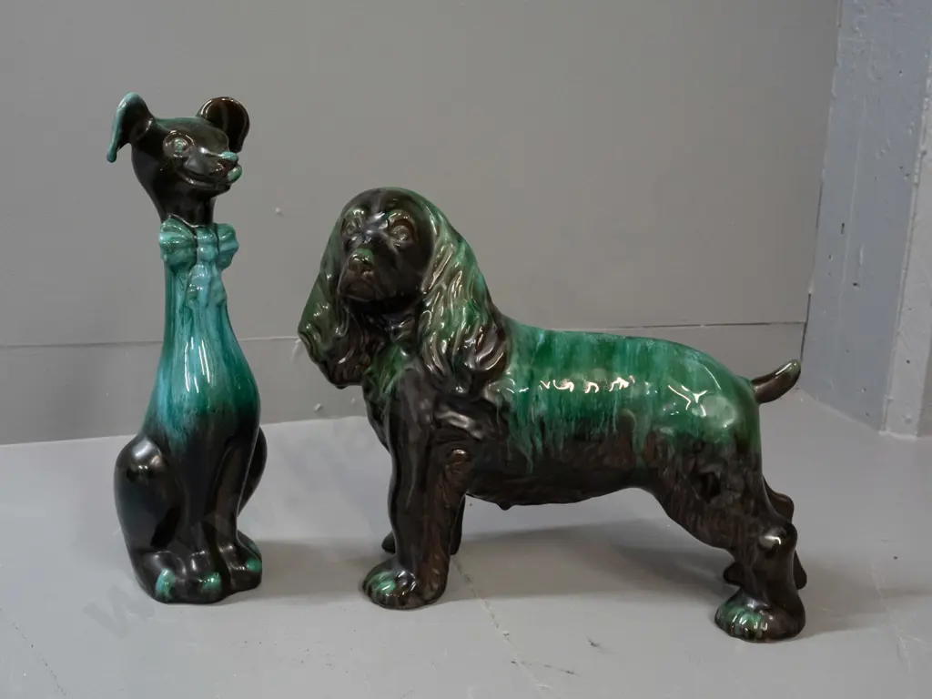 2 Blue Mountain pottery dog figures - spaniel and doggo with bow-tie H-340 Image 1++