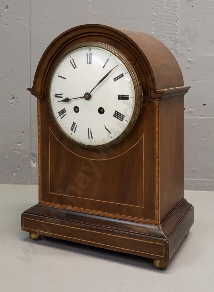 vintage wood-cased mantle clock w/ mixed timber inlay decoration, on brass ball feet. Enameled metal face. Untested Image 1++