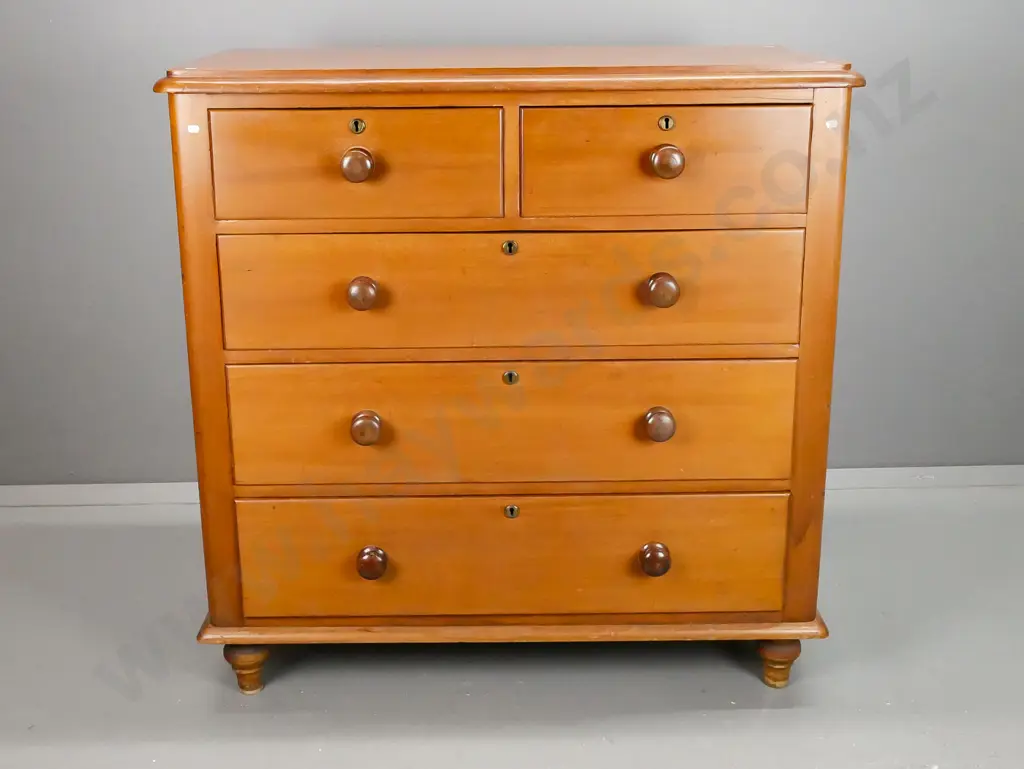 colonial kauri round cornered 5-drawer chest with turned wooden knobs, brass locks and escutcheons - wear & repairs to Image 1++