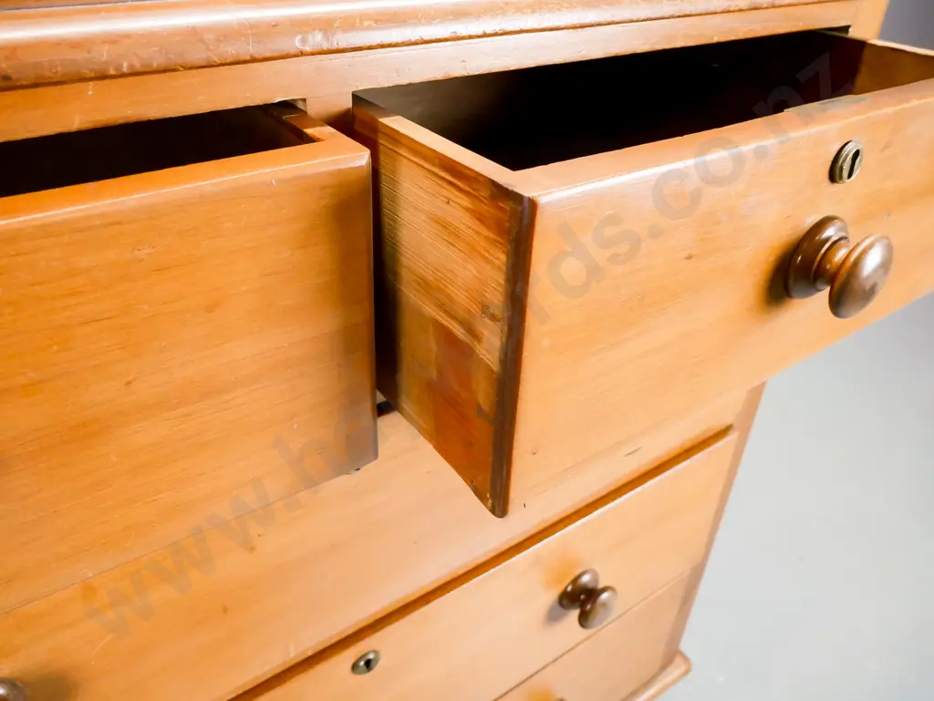 colonial kauri round cornered 5-drawer chest with turned wooden knobs, brass locks and escutcheons - wear & repairs to Image 1++