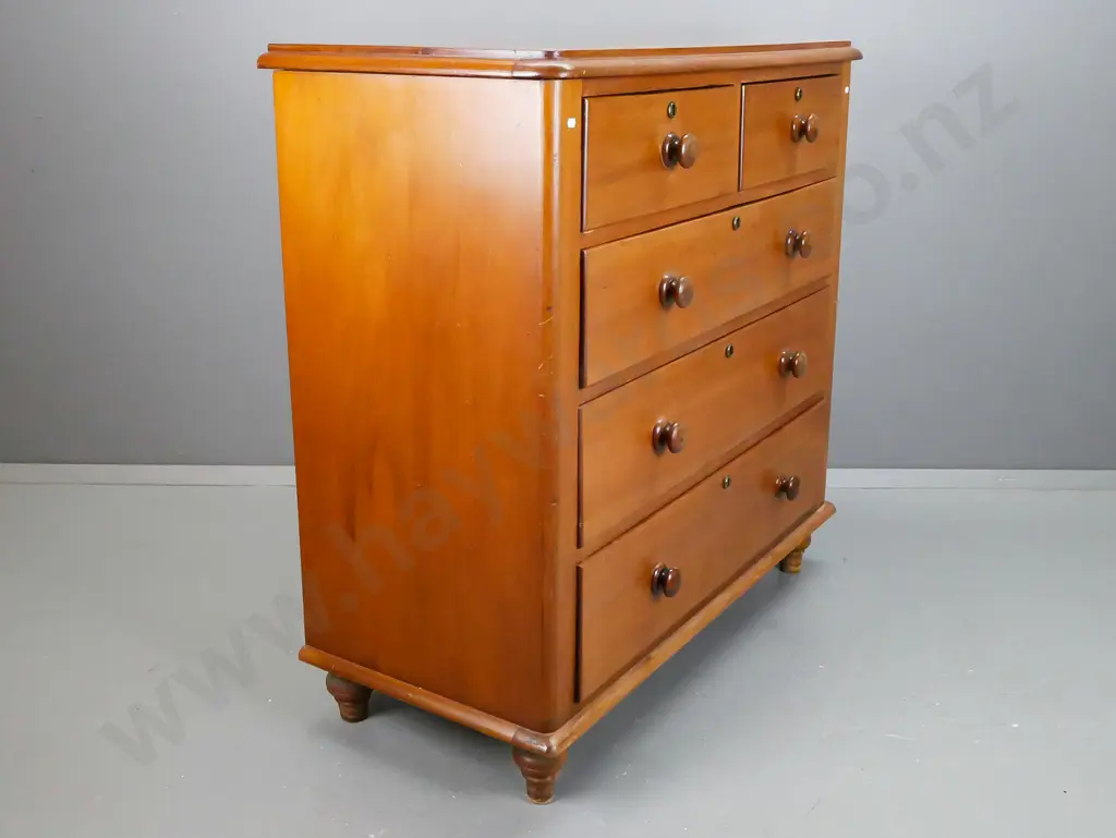 colonial kauri round cornered 5-drawer chest with turned wooden knobs, brass locks and escutcheons - wear & repairs to Image 1++