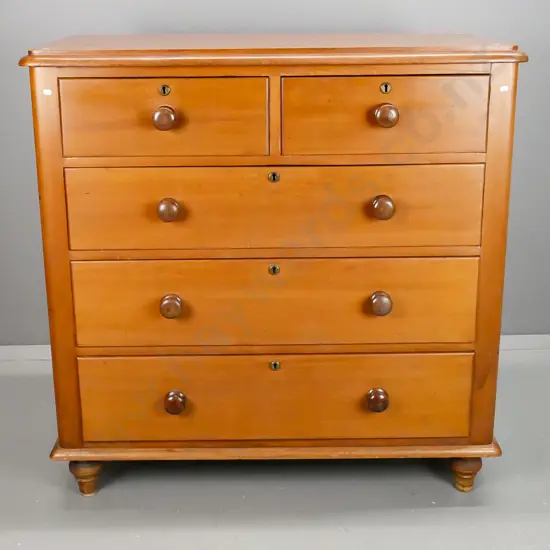 colonial kauri round cornered 5-drawer chest with turned wooden knobs, brass locks and escutcheons - wear & repairs to