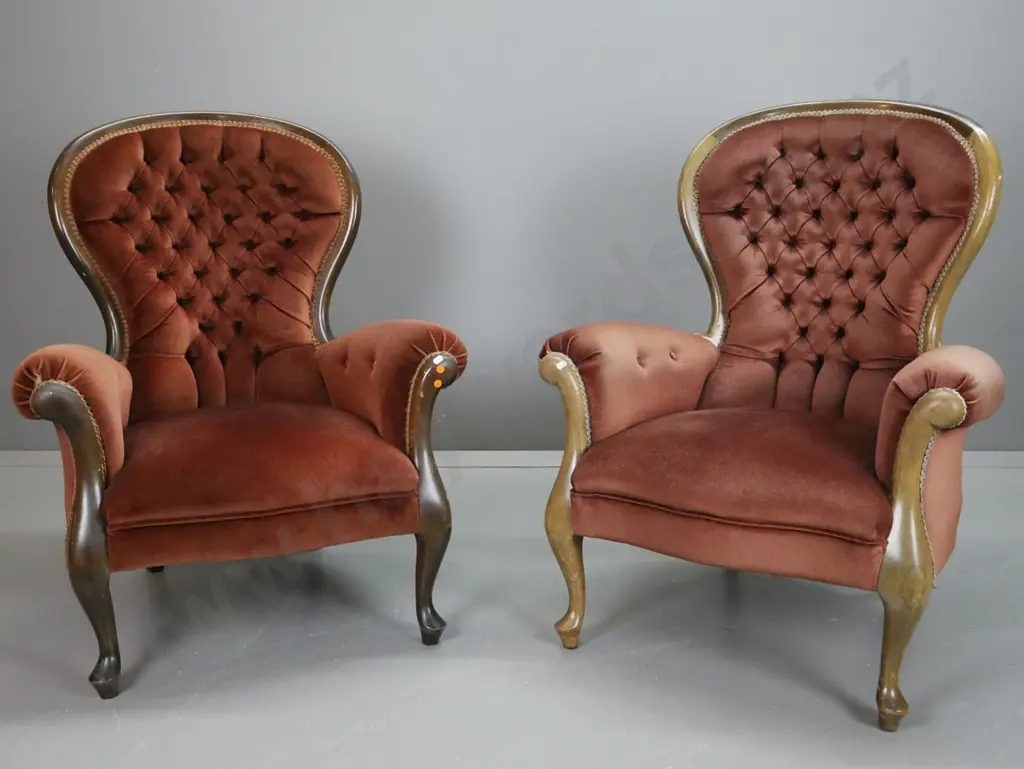 pair of reproduction Victorian style cab-leg armchairs with brown velvet upholstery, deep button back - fading to finish Image 1++