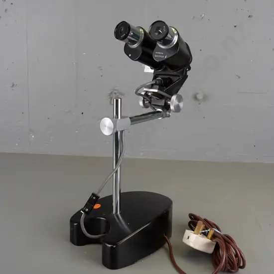 laboratory myacope stereo microscope on heavy weighted base w/ chrome mounts, overseas electrical plug H-390 W-280