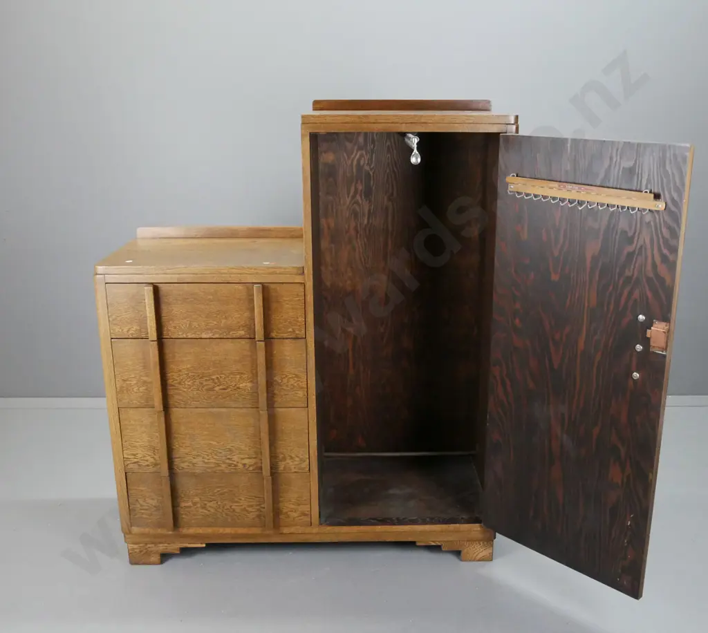 deco oak compactum with interior hanging space, 4 drawers w/ vertical wooden handles H-1340 W-1110 D-460 Image 1++