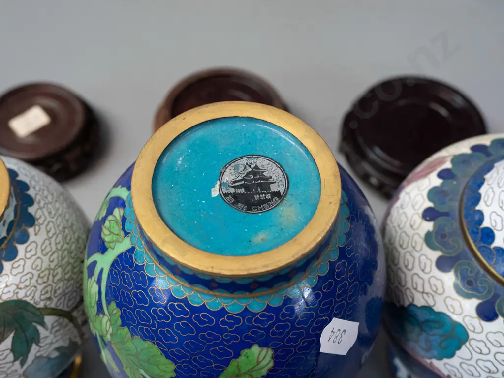 3 Chinese cloisonne vases with turned hardwood bases - large one has a little corrosion around base, is H-210 off stand. Image 1++