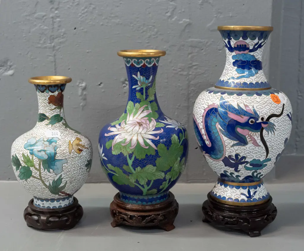3 Chinese cloisonne vases with turned hardwood bases - large one has a little corrosion around base, is H-210 off stand. Image 1++