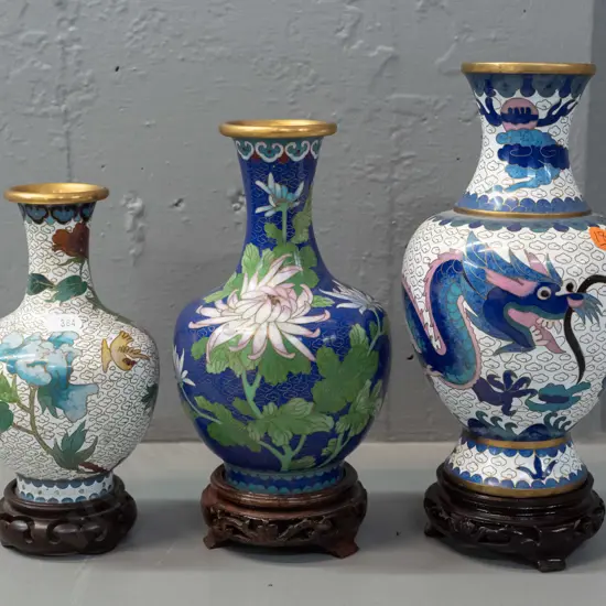 3 Chinese cloisonne vases with turned hardwood bases - large one has a little corrosion around base, is H-210 off stand.