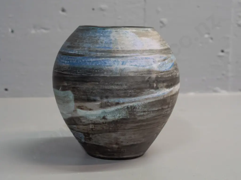 NZ Studio pottery vase. Label on base M O'Connor Boatshed pottery, Broad Bay Dunedin. H-130 D-130 Image 1++