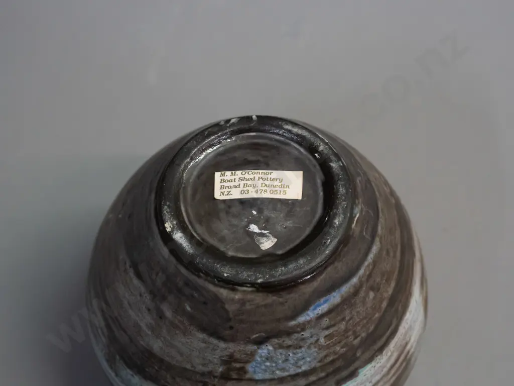 NZ Studio pottery vase. Label on base M O'Connor Boatshed pottery, Broad Bay Dunedin. H-130 D-130 Image 1++