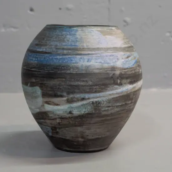 NZ Studio pottery vase. Label on base M O'Connor Boatshed pottery, Broad Bay Dunedin. H-130 D-130