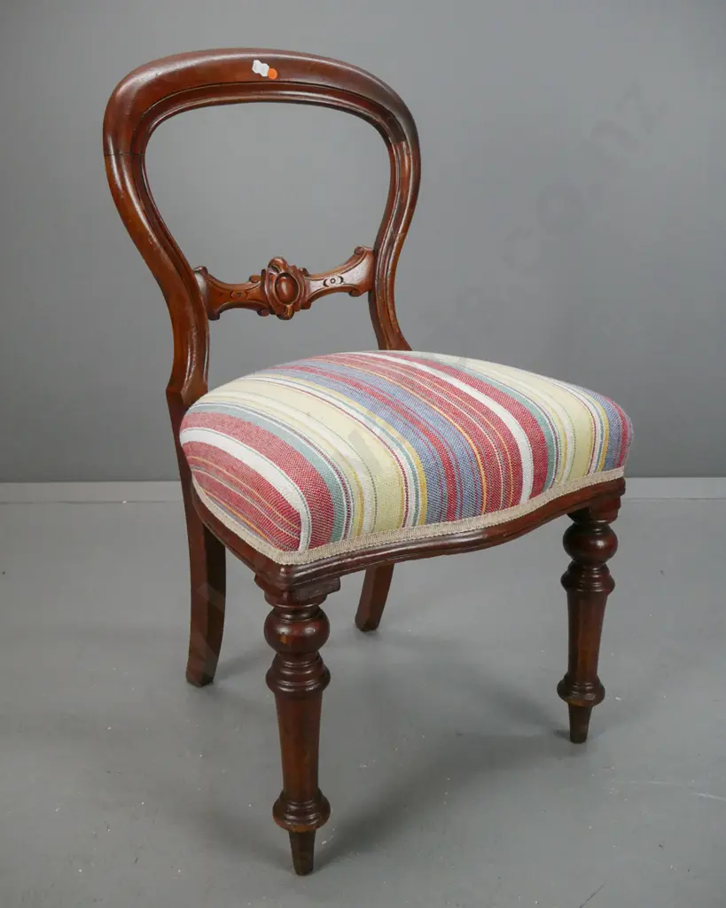 1890s cedar balloon back chair, with carved back splat, turned front legs, reupholstered in multi-colour stripe fabric - Image 1++