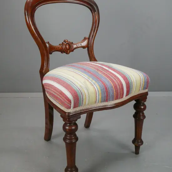 1890s cedar balloon back chair, with carved back splat, turned front legs, reupholstered in multi-colour stripe fabric -
