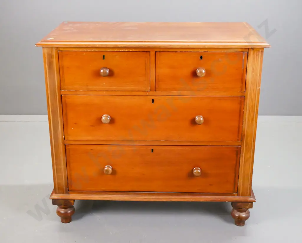 New Zealand colonial kauri 4-drawer chest with turned wooden knobs, inlaid cedar stringing to top, sides and drawers, on Image 1++