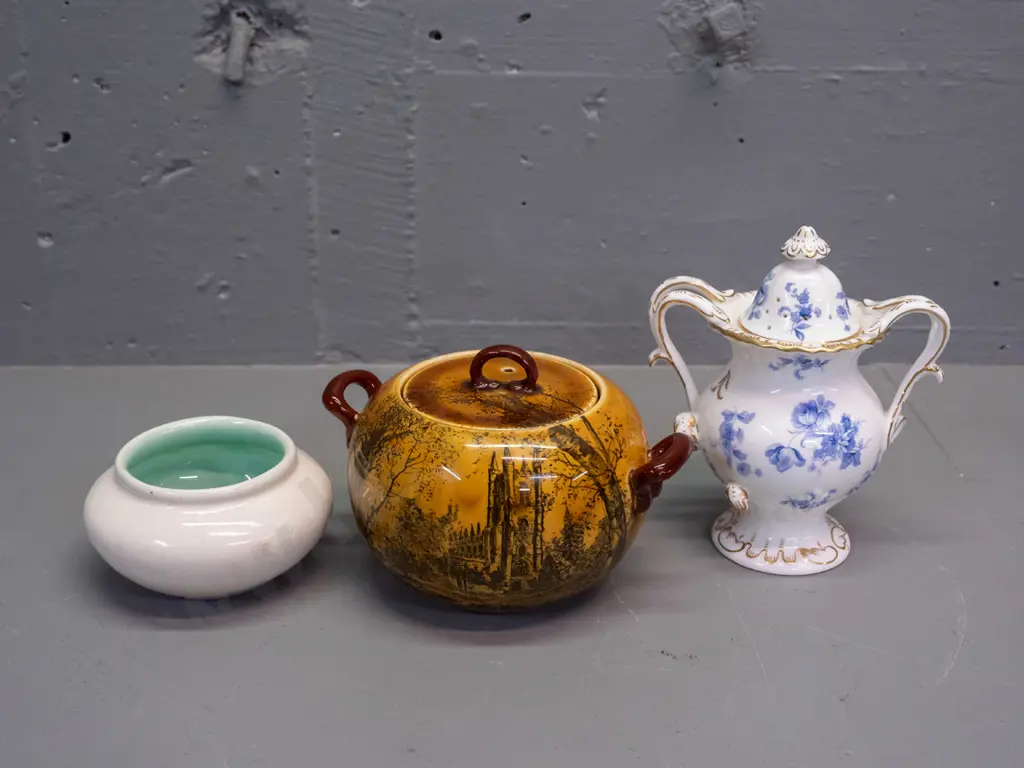 O.C. Stephen small vase, Royal Doulton Croydon Church lidded pot and a Coalport "Divinty Blue" Potpourri H-150 Image 1++
