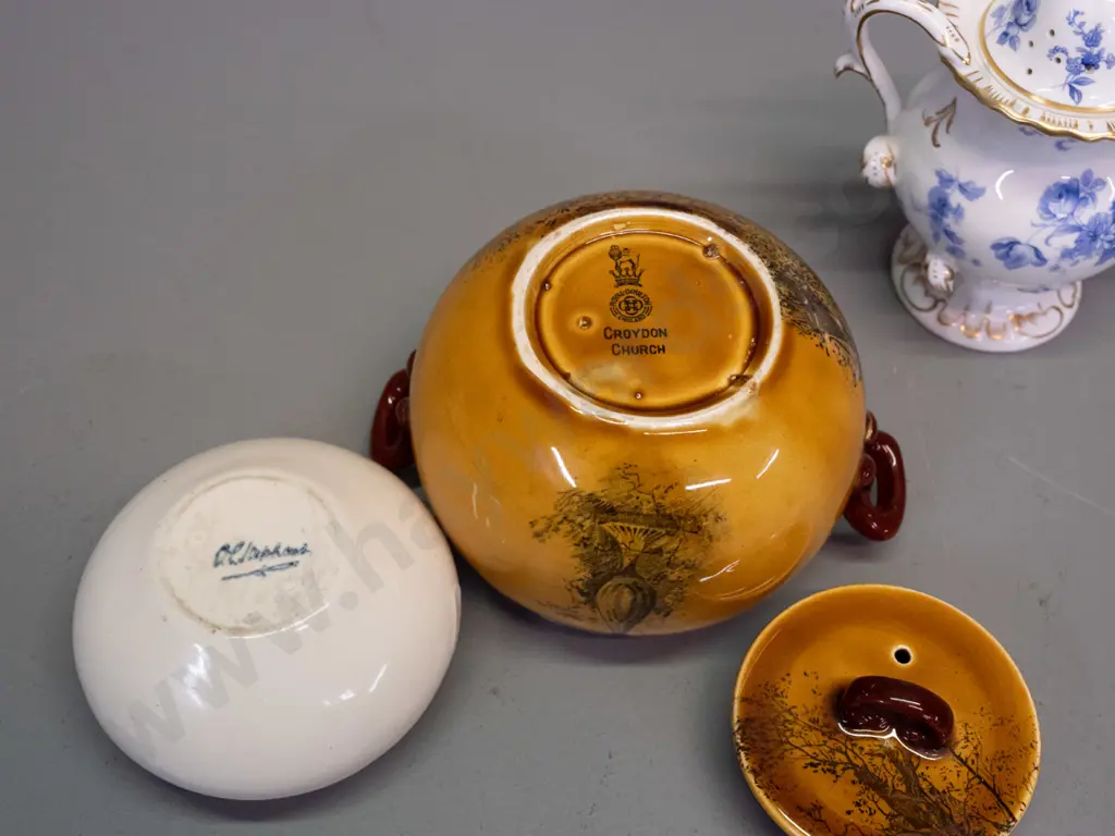 O.C. Stephen small vase, Royal Doulton Croydon Church lidded pot and a Coalport "Divinty Blue" Potpourri H-150 Image 1++