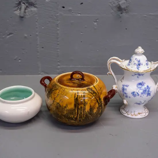 O.C. Stephen small vase, Royal Doulton Croydon Church lidded pot and a Coalport "Divinty Blue" Potpourri H-150