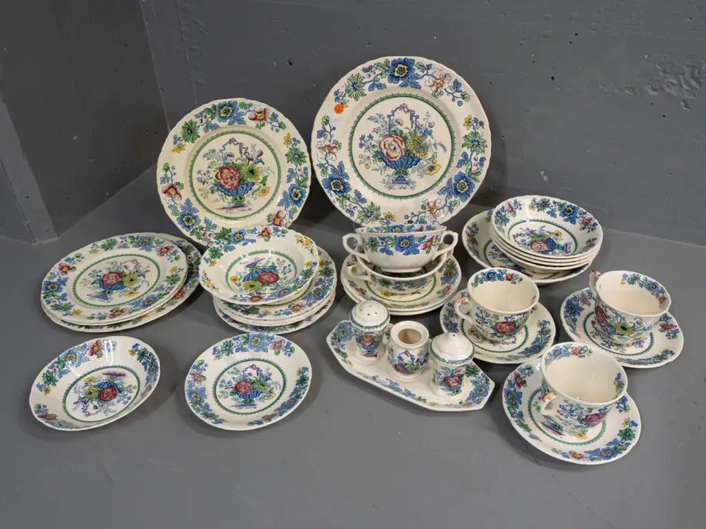 Mason's "Strathmore" pattern hand painted over transfer ironstone table ware - 3 cups & saucers, 2 soup & saucer, Image 1++