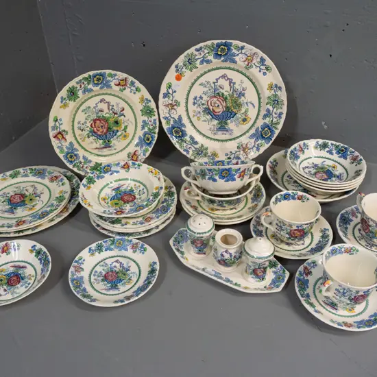 Mason's "Strathmore" pattern hand painted over transfer ironstone table ware - 3 cups & saucers, 2 soup & saucer,