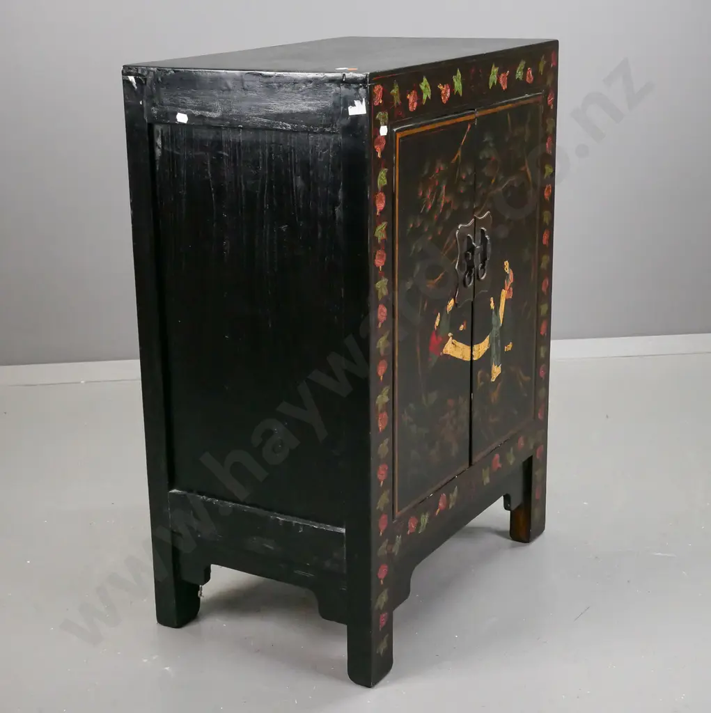 Chinese 2-door black painted cupboard, front decorated w/ figural and foliate motifs, brass catch plate with bar - some Image 1++