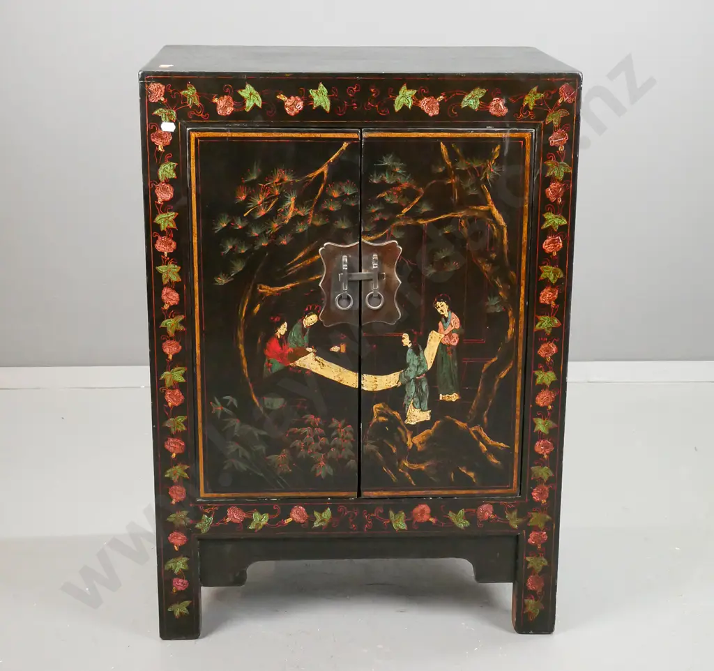 Chinese 2-door black painted cupboard, front decorated w/ figural and foliate motifs, brass catch plate with bar - some Image 1++