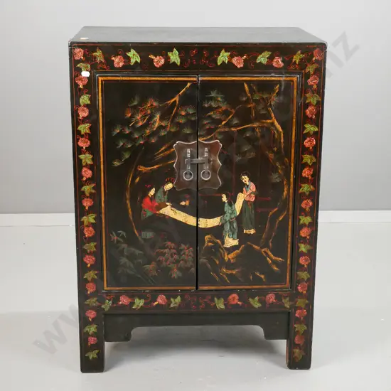 Chinese 2-door black painted cupboard, front decorated w/ figural and foliate motifs, brass catch plate with bar - some